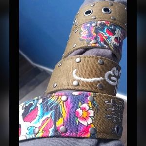 Vintage Ed Hardy Genuine Leather & Cotton olive green belt.- Size Medium
